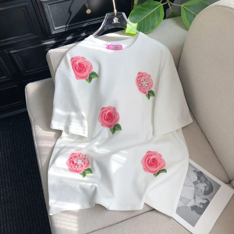 2025 Spring Korean Sweet Design T Shirt Age-reducing Heavy Industry Beads Rose Print Loose Short-sleeved O-neck T-shirt Pullover