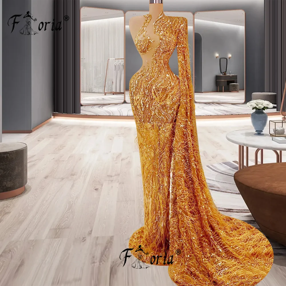 Handmade Feathers Beadings Dubai Formal Evening Dress One Shoulder Mermaid Special Occasion Gowns Couture Pageant Party Dresses