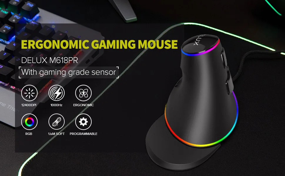 12800DPI ergonomia gioco verticale programmabile Macro Delux M618 PLUS Mouse cablato 6 pulsanti RGB Wireless Mouse destro