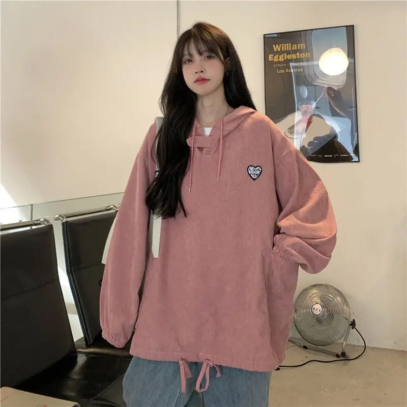 Women Clothing Casual Korean Fashion Loose All-match Fashionable Pocket Pullover Hooded Sweatshirts Youth Lively Bright Easy