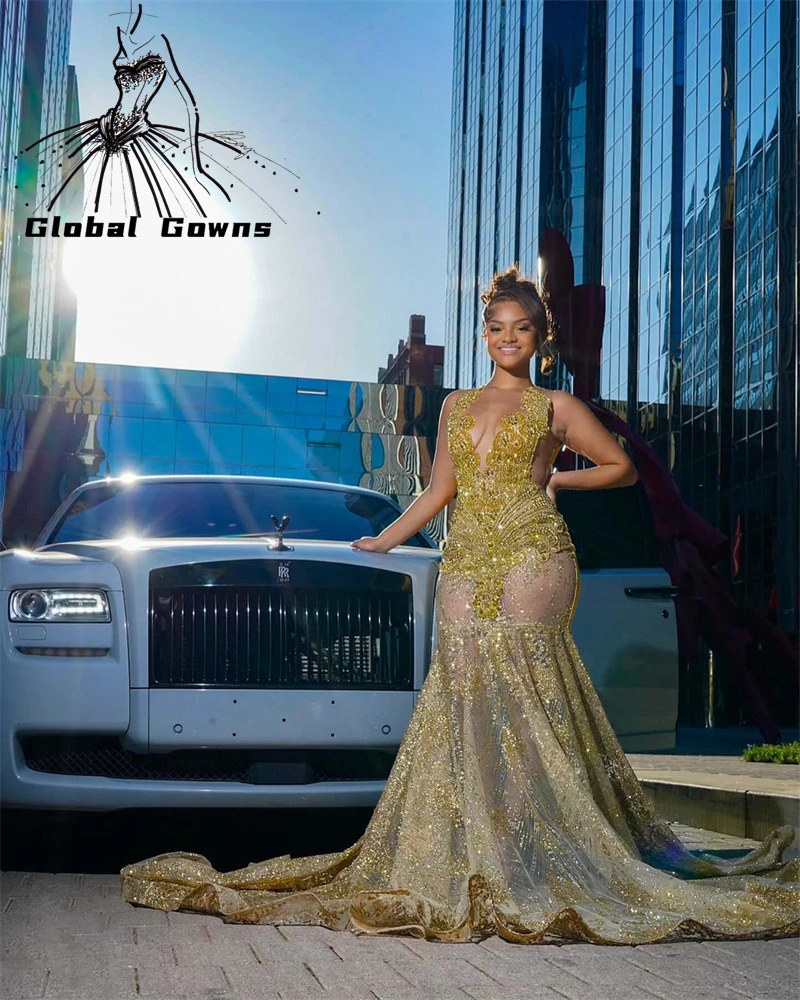 Gold O Neck Long Prom Dresses For Black Girls Beaded Crystal Rhinestone 2024 Birthday Luxury Dress Mermaid Graduation Gown