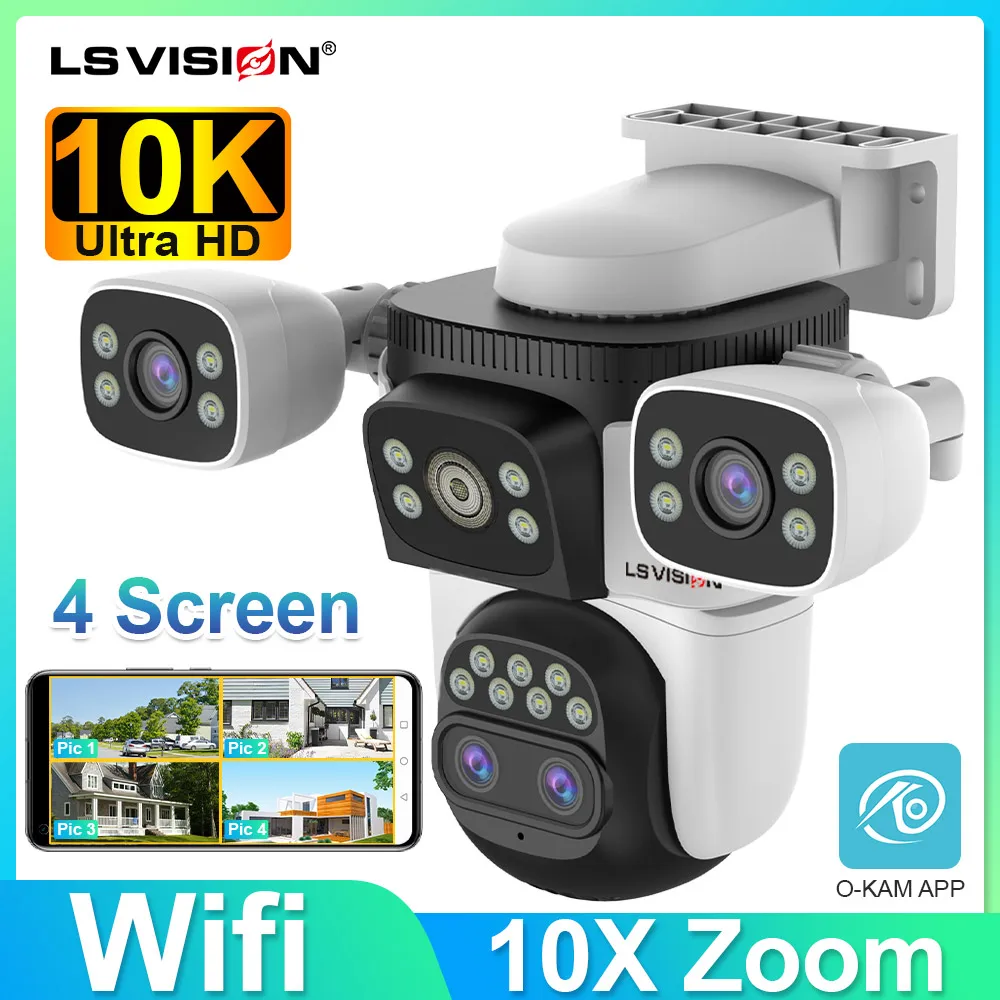 

LS VISION 20mp Four Screens Outdoor Surveillance Camera Wifi Camera 10X Zoom 10k PTZ Auto Tracking Two-way Audio Cctv Cam