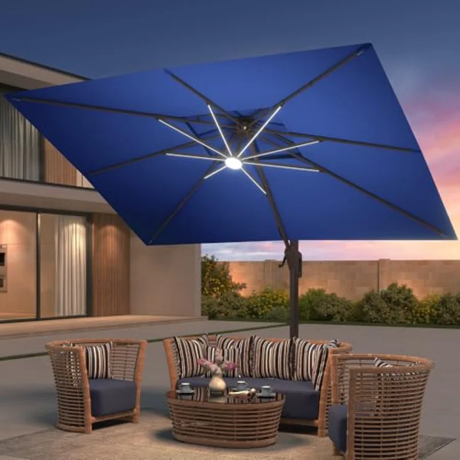 Patio cantilever umbrella for outdoor use, aluminum frame with black fabric, integrated LED lights for evening ambiance