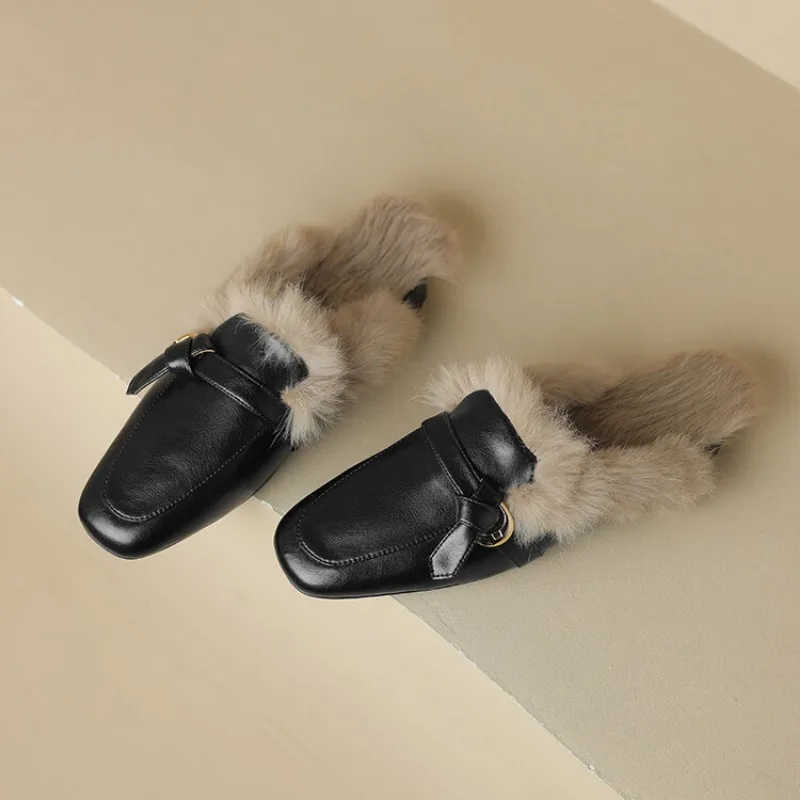 Women Leather Flats Mules Slippers Fur Belt Buckle Short Plush Warm Shoes Women New Autumn Winter Fashion Baotou Half Slipper