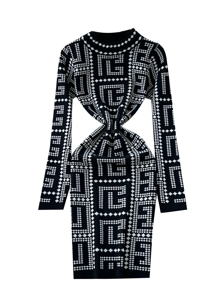 Faionable Geometric Print Knitted Dr Women's High Waist Slim Fit Long Sve Summer Ci Commute A-Line Dr