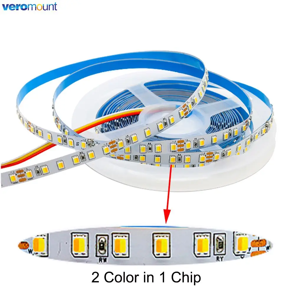 Tira de luces LED de 12V, 24V CC, SMD 2835, CCT, 120, 180 LED/m, Chip CCT Dual, blanco, Flexible, IP20, 8mm, 10mm, PCB