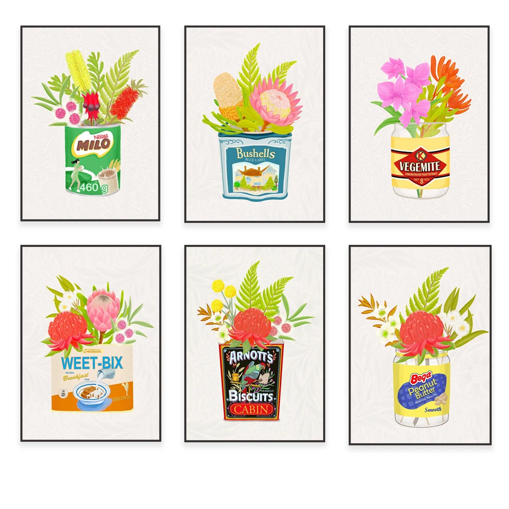 Impresión de latas de cerveza australiana, flores nativas australianas en tarro, tarro de galletas, tarro de mantequilla de maní, impresión de ilustraciones, poste de decoración del hogar