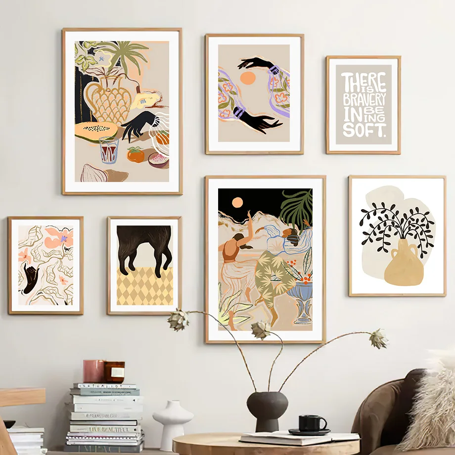 Abstrakte Mädchenhand, Obst, Blume, Blatt, Vase, Wandkunst, Leinwandgemälde, nordische Poster und Drucke, Wandbilder für Wohnzimmerdekoration