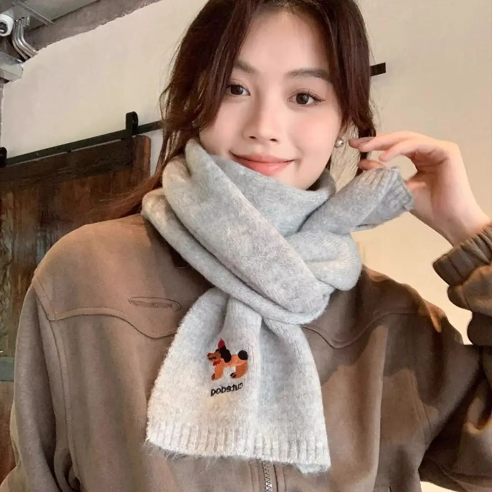 Retro dachshund cachecol de malha engrossar cão bordado xale estilo coreano cor sólida inverno lã cachecóis estudante
