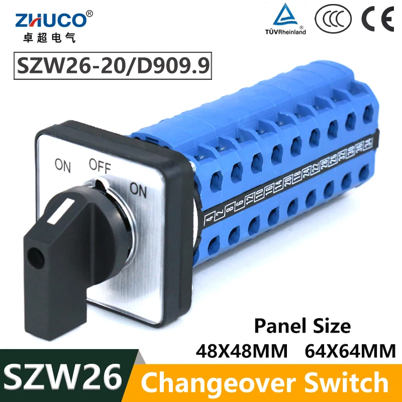 

ZHUCO SZW26/LW26-20 ON-OFF-ON, 3 положения, 36 клемм, 20 А, кулачок переключения передач, универсальный селекторный переключатель, панель 64X64, 48X48 мм