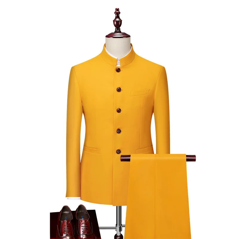 New Men's Single Breasted Stand Collar Suit 2 Piece Sets Business Wedding Slim Fit Blazer Coats Pants High-grade Men Dress Suits
