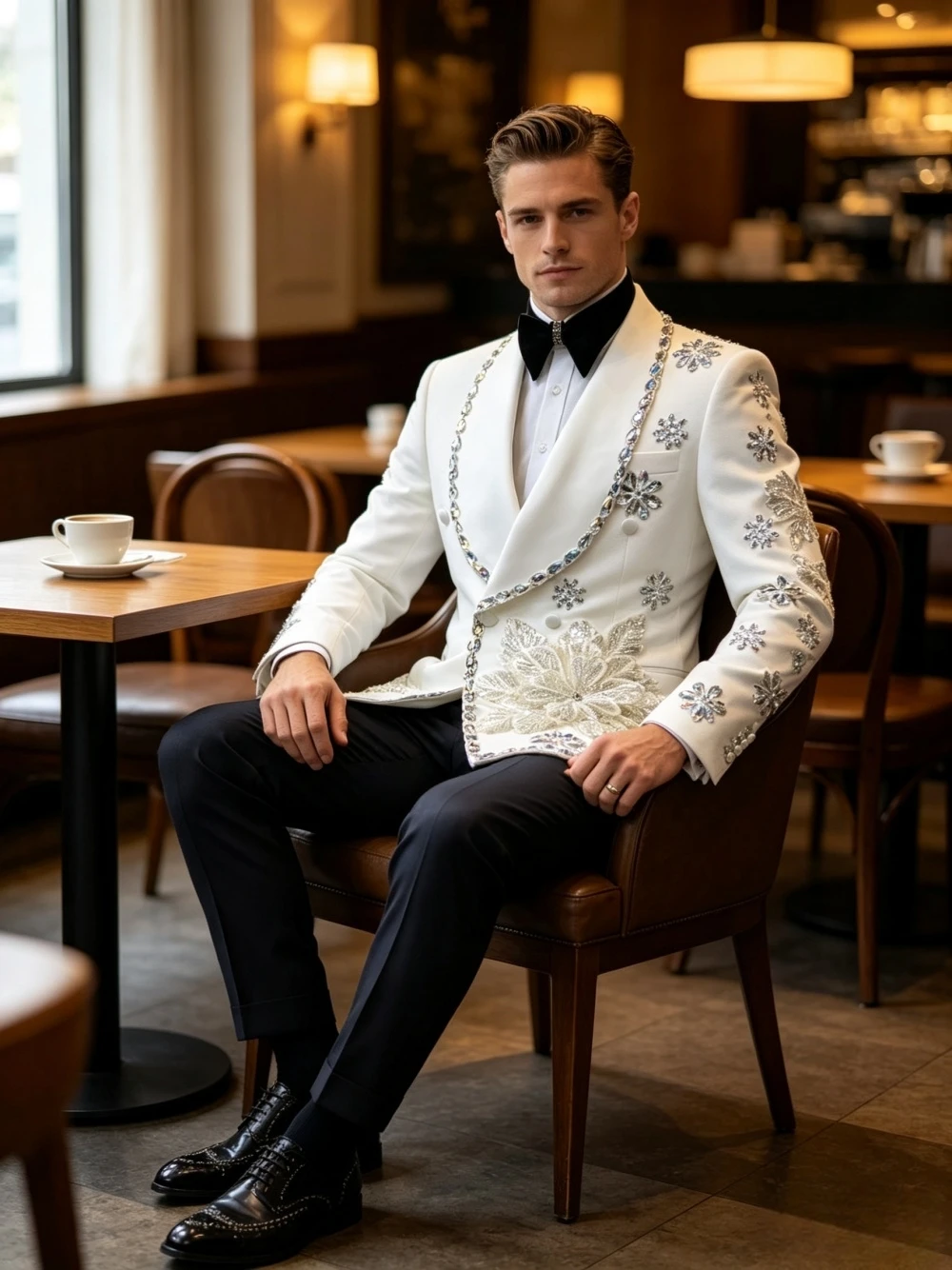 Men Formal Wear Fashion - Terno Formal Branco Masculino com Cristais