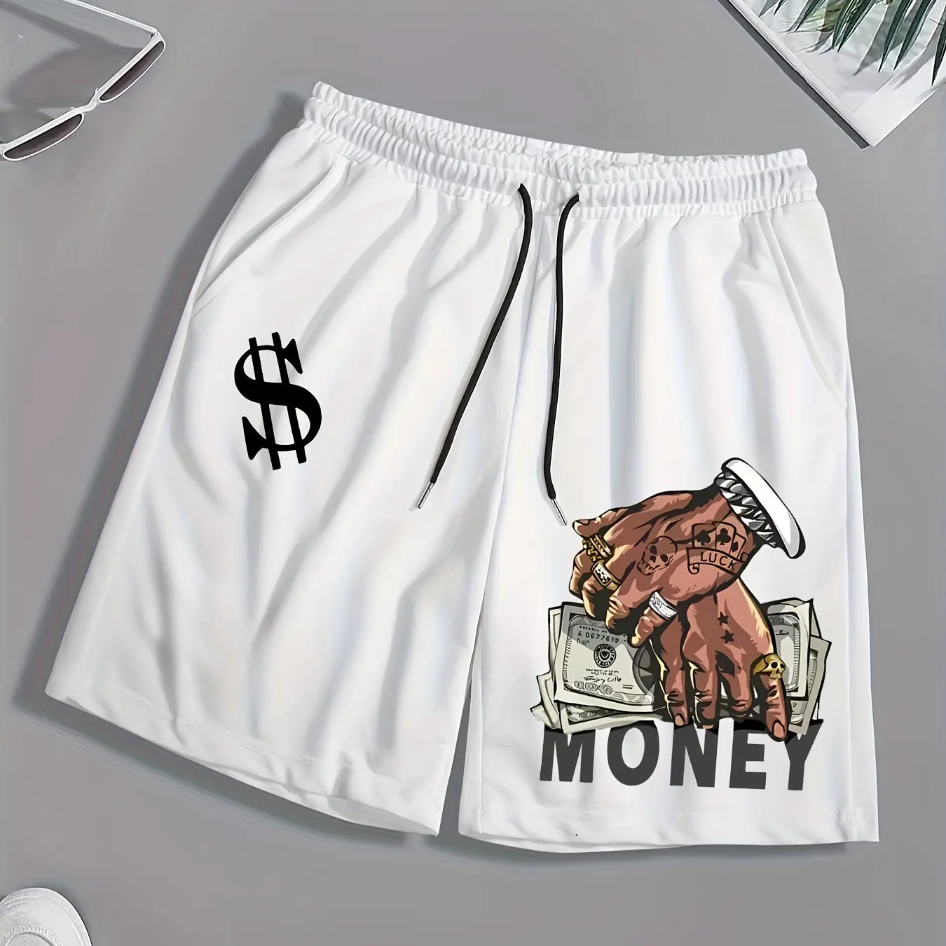 

Мужские дышащие повседневные шорты с принтом MONEY, свободного кроя, с карманами, эластичным поясом и завязками.