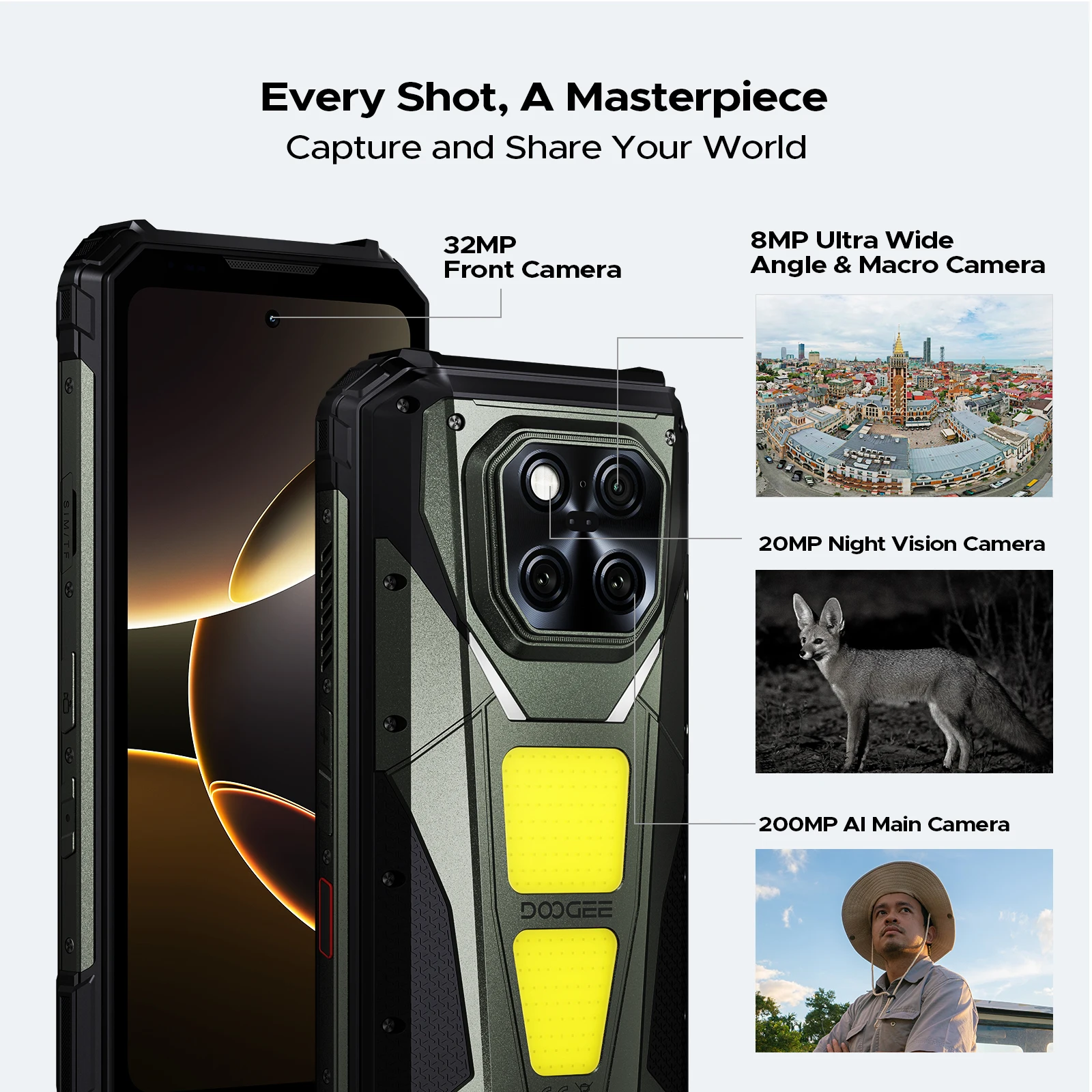 DOOGEE V Max LR 5G هاتف متين ليزر Rngefinder أضواء التخييم المزدوجة 20500mAh بطارية تأثير الضوء 16GB 512GB الهاتف الذكي NFC