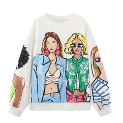 BWQ Autumn New Line Women's Fashion Pullover Round Neck Long Sleeve Loose Fit Sports Casual Girls' Printed Sweater