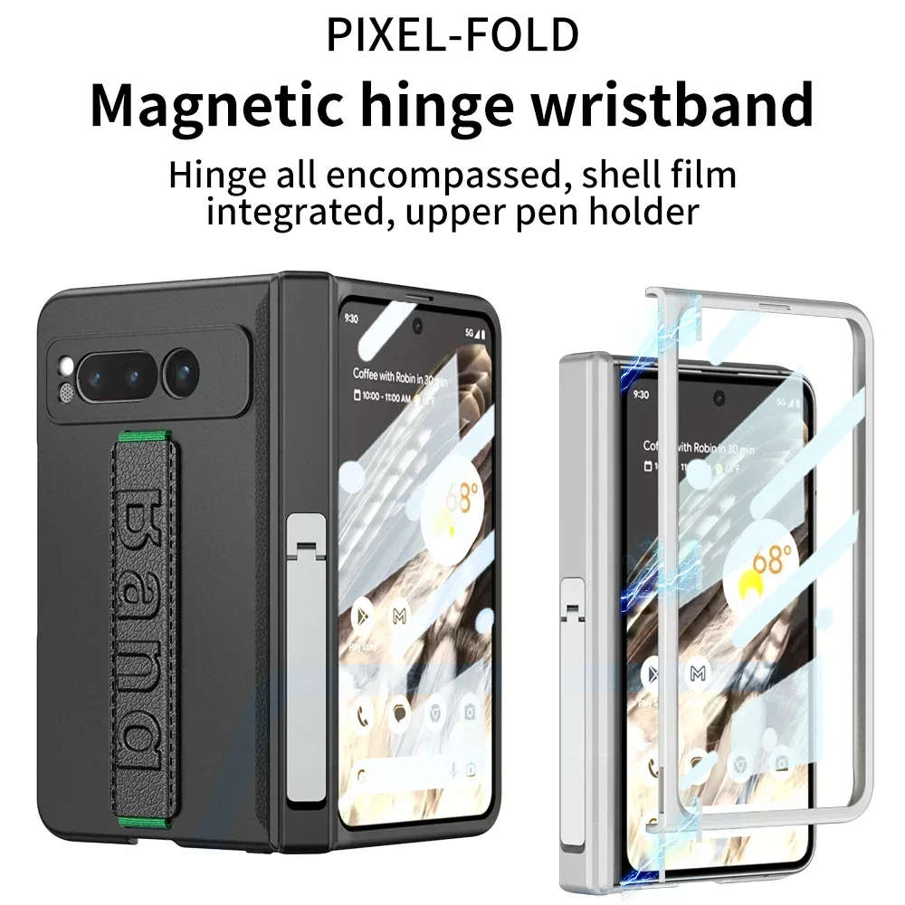 Luxury Wristband Bracket Case for Google Pixel Fold 360 All Inclusived HD Tempered Glass Film Magnetic Hinge Protection Cover