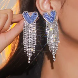 Fresh and sweet super-flash blue love long tassel earrings female fashion light luxury exquisite hundred matching earrings