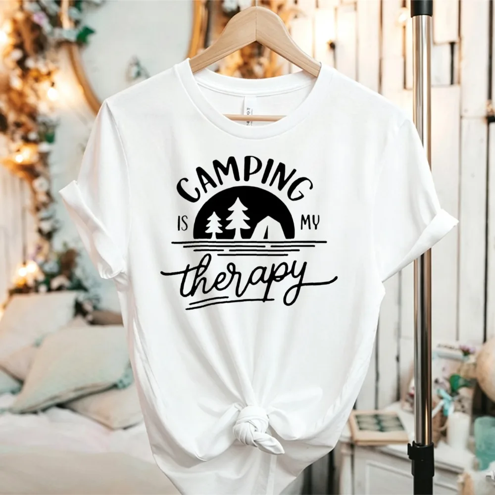 Camping Is My Therapy Graphic T-Shirt Camping Tent Pine Tree Retro Print Unisex Casual Cotton Outdoor Nature Camper Hobby Gift