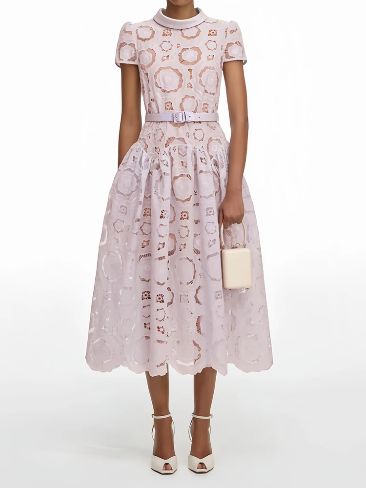 Sexy O Neck Floral Embroidery Hollow Out Midi Dress With Belt Women Pink Short Sleeves Flower A-line Dresses Evening Party Gown