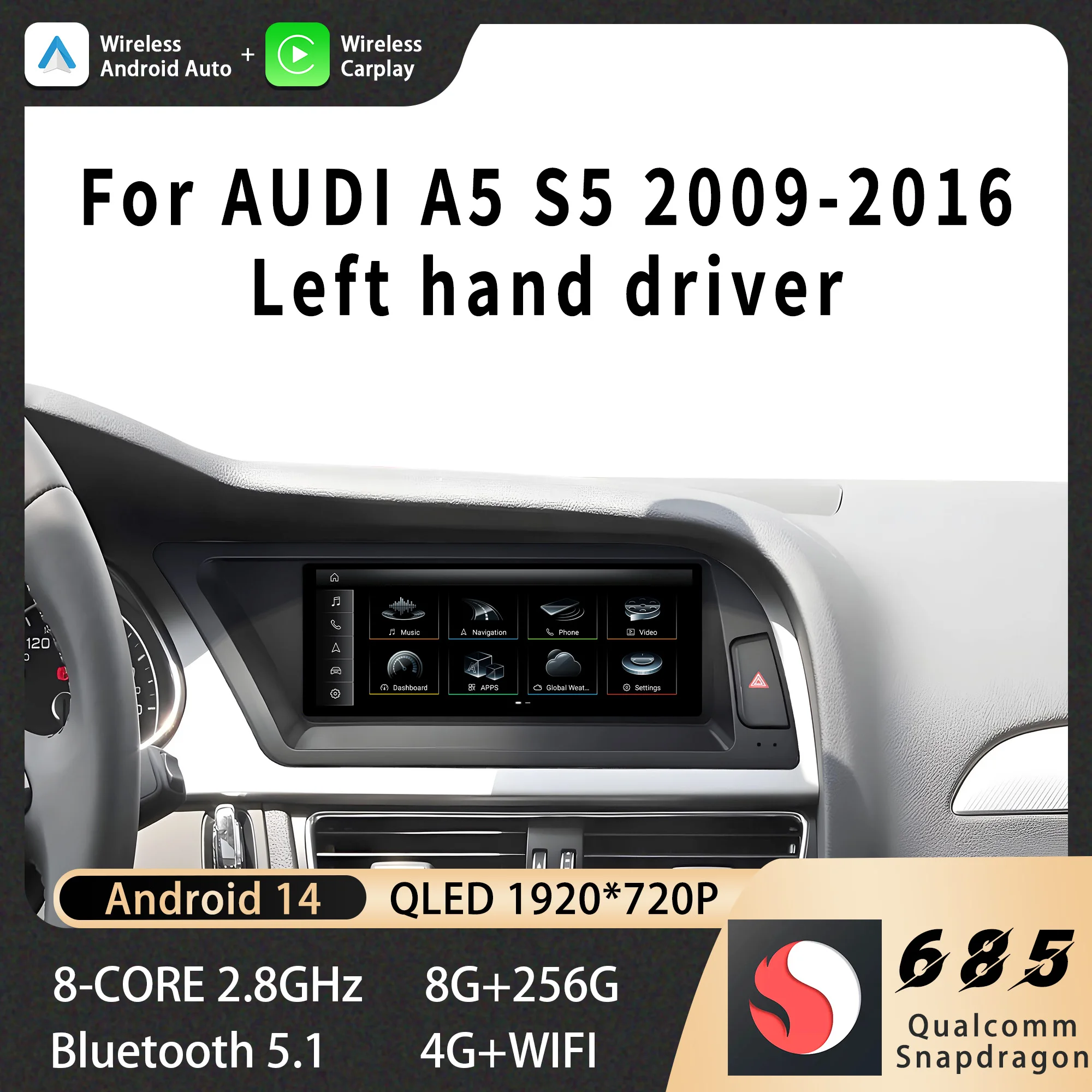 8.8 inch Left hand drive Snapdragon 685 Carplay For AUDI A5 S5 2009-2016 Car Radio Multimedia Wireless Android 14 Navigation