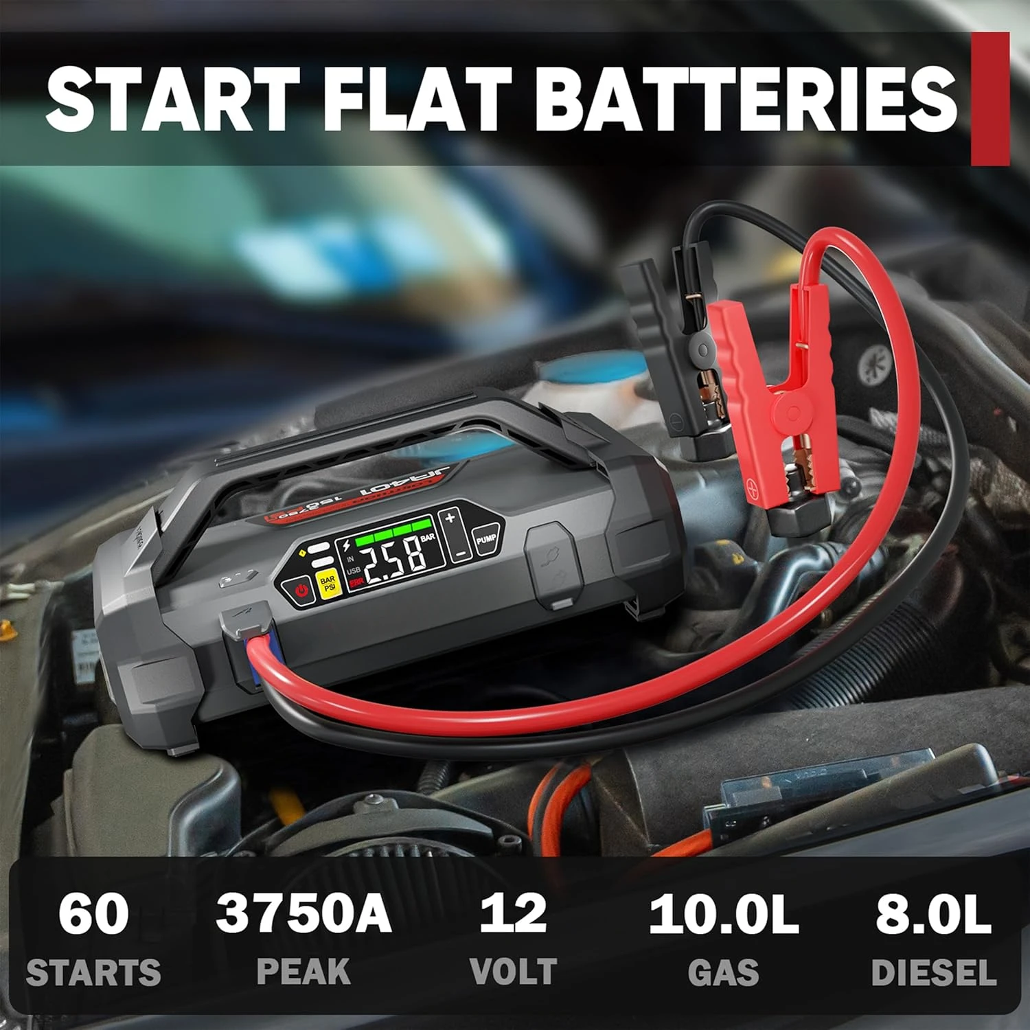 3750A 12V Jump Starter with Air Compressor, 60W Two-Way Fast Charing, Lithium Battery Starter with 150PSI Digital Tire Inflator