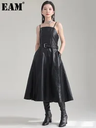 [EAM] Women Black Pu Leather Belted Long A-line Dress New V-Neck Sleeveless Loose Fit Fashion Tide Spring Autumn 2024 1DH2000