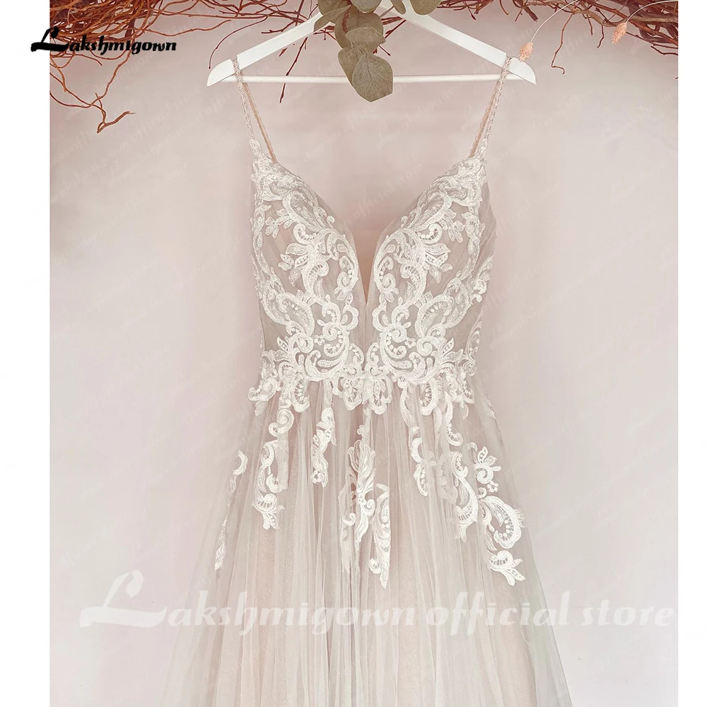 Lakshmigown-vestido de encaje bohemio para novia, traje de novia de corte A con cuello en V, apliques de 2023, con tirantes finos y espalda descubierta