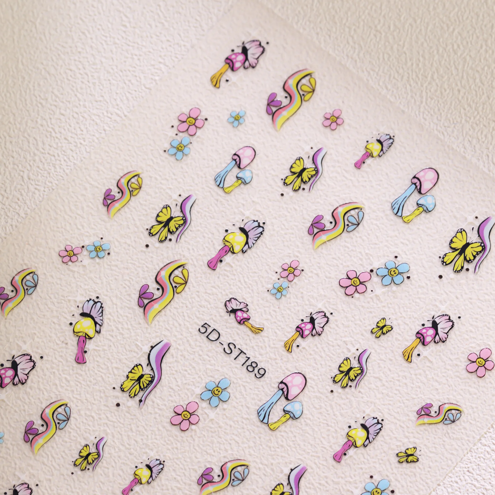 

5D Cute Sunflower Smiley Face Nail Stickers-Rainbow Cartoon Mushrooms Butterfly Designs for Makeup Phones Cameras and Journals