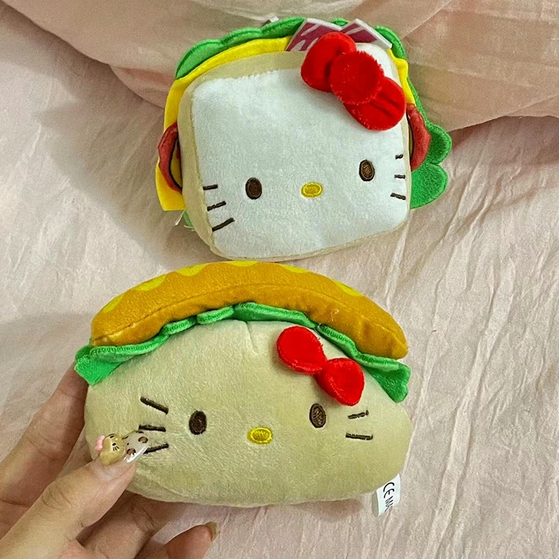 Hambúrguer olá kitty brinquedo de pelúcia chaveiro sanrio kt gato macio pelúcia boneca pingente carro chaveiro mochila saco decoração presente do miúdo