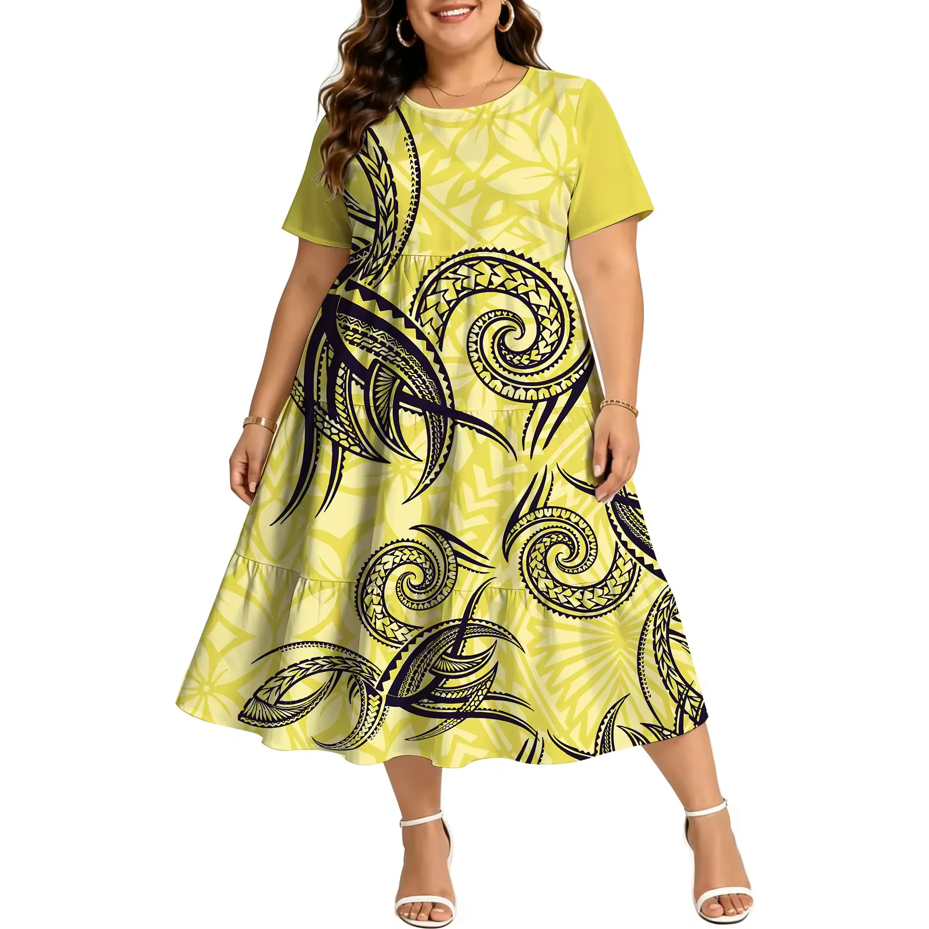 Factory Wholesale Hot Sale Purple White Polynesian Tribal Print Plus Size Women Short Sleeve Tiered Swing Midi Dress Custom