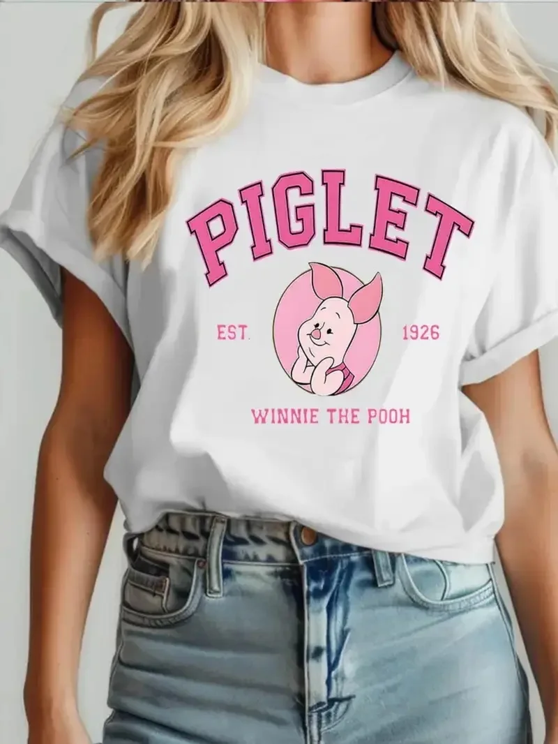 

2025 Disney Pattern Printed Women's Casual Comfortable Unique Smiling Face Black Round Neck Short Sleeve T-shirt