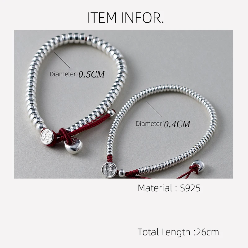Total 26cm 925 Sterling Silver Rope Bracelets Silver Bead Retro Chinese Bless Red Thread Line String Bracelets For Women Girls