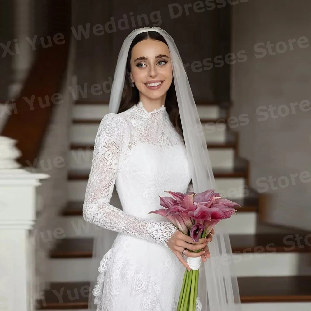 Luxurious Mermaid Women's Wedding Dresses High Neck Long Sleeve Lace Appliques Vestido De Novia Bride Gowns Customized Vestido