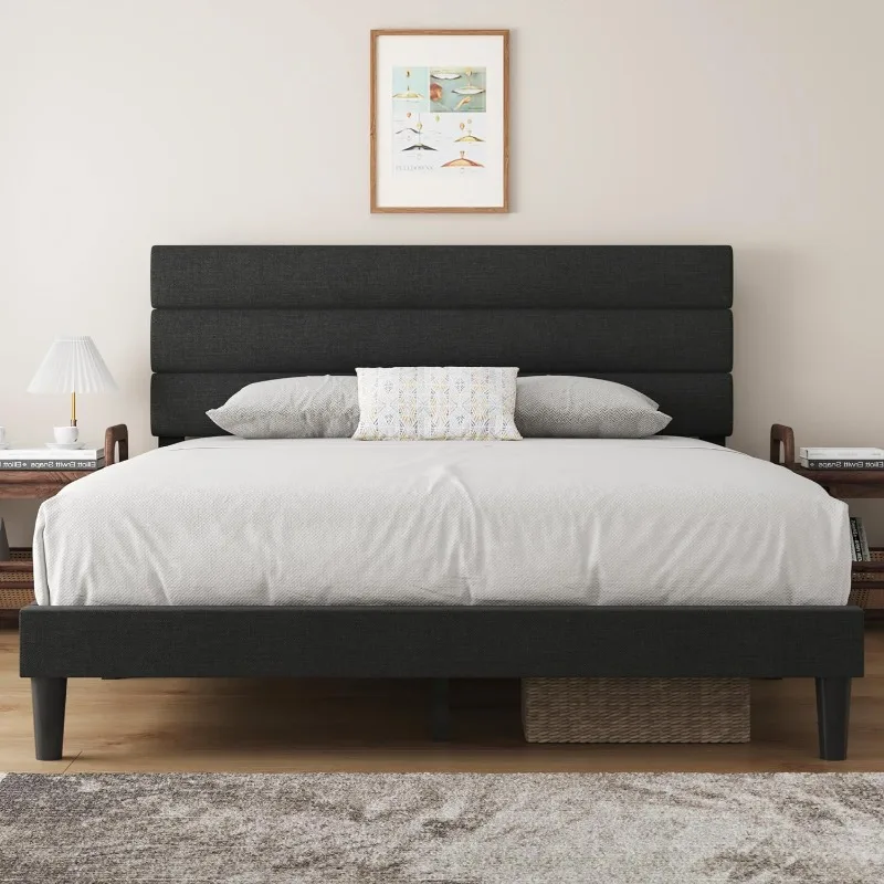 

Bed Frame Upholstered Queen Bed Frame Platform with Headboard Linen Fabric Headboard Wooden Slats Support