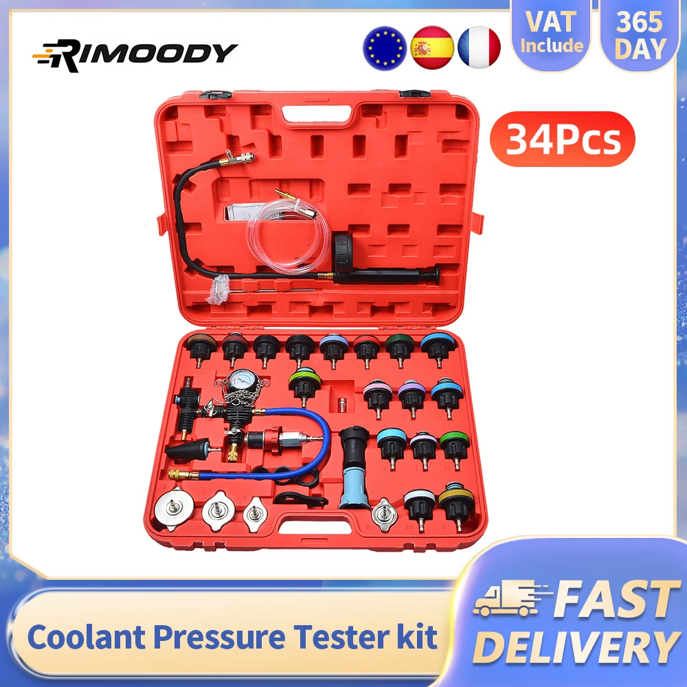 Rimoody 34 pz Tester del liquido di raffreddamento Tester di perdite di pressione Kit di strumenti Tester di pressione della pompa del radiatore Strumento di ricarica del vuoto del liquido di
