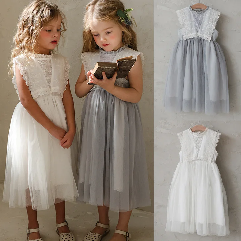 

Children's Clothing Girls' Dresses 2026 Summer New Arrivals: White Tulle Lace Trim—Cute Party & Birthday Ball Princess Dress