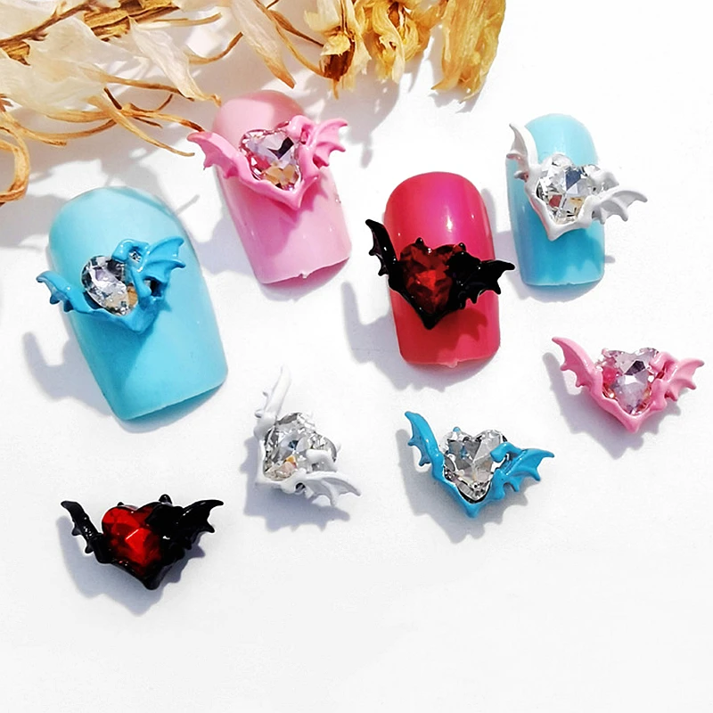 

10PCS Demon Devil's Heart Nail Art Charms Bat Rhinestone Accessories For Halloween Manicure Decor Nails Decoration Supplies Tool