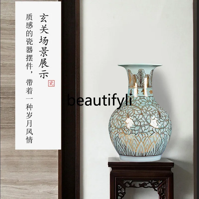 

Jingdezhen ceramic hand-painted green glaze gold-painted vase flower light luxury high-end opening ornament decoration
