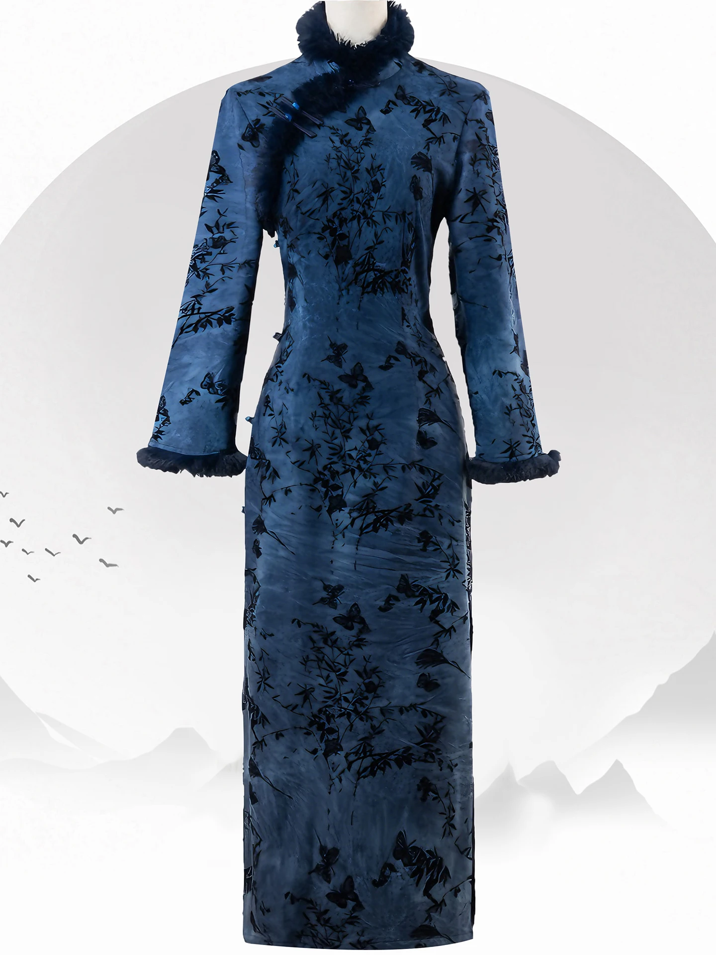 

Утепленное зимнее платье-ципао с длинным рукавом для женщин, винтажный традиционный китайский костюм с высоким воротником и пышной юбкой