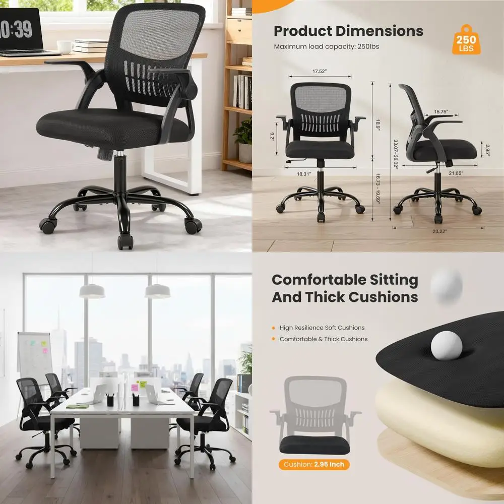 

Эргономичное офисное кресло со средней спинкой из сетчатого материала, с откидными подлокотниками, вращение на 360° ° Вращающееся кресло с регулировкой высоты и поясничной опорой для дома, учебы, B