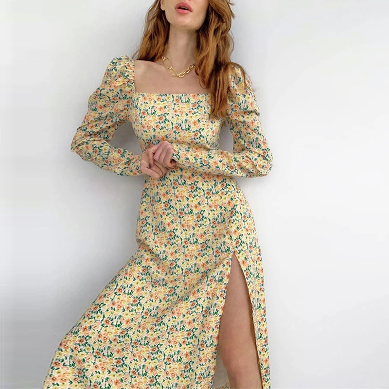 Floral Print Midi Dress Women Long Sleeve Puff Sleeve Side Split Lady Elegant Square Collar Casual Floral Long Dresses Floral