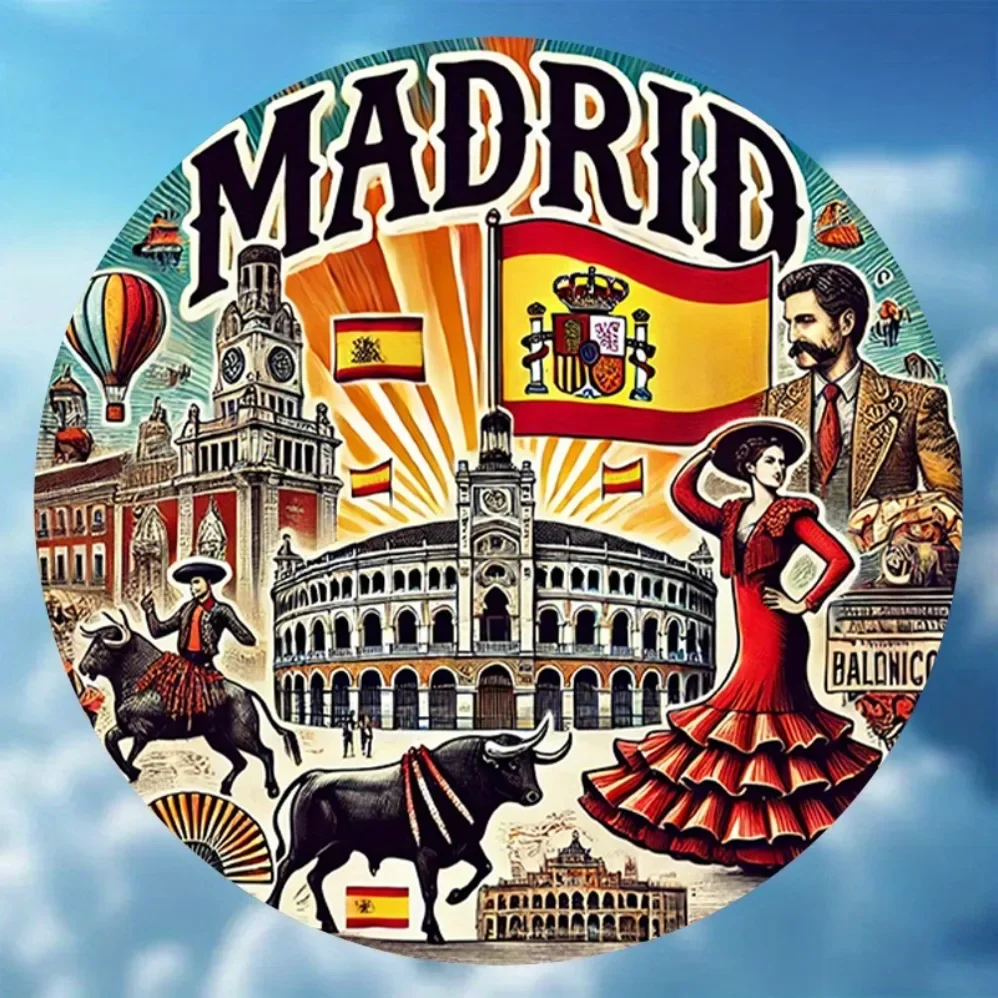 "علامة معدنية مسطحة 2D عتيقة من MADRID: ديكور دائري قابل لإعادة الاستخدام مقاس 8 بوصات - وليمة مرئية لثقافة مدينة مدريد وجذب سياحي | #4