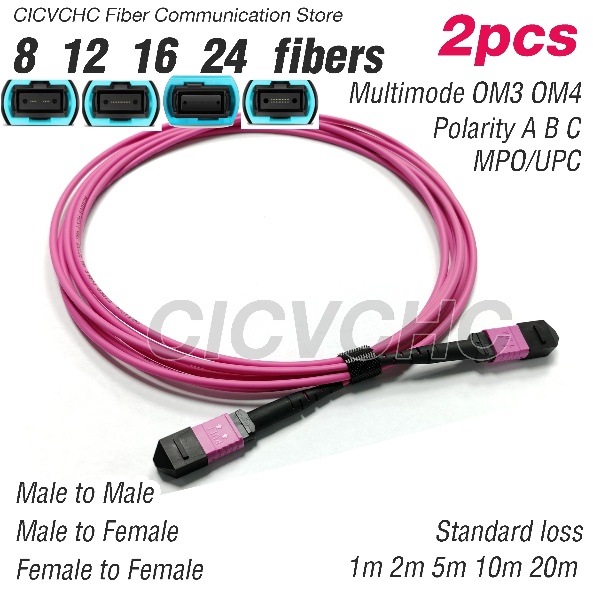 2本入りmpoパッチコード-8、12、16、24芯-mpo-upc-mpo-upc-マルチモード-om3、om4-30mm-ケーブル-極性a、b、c
