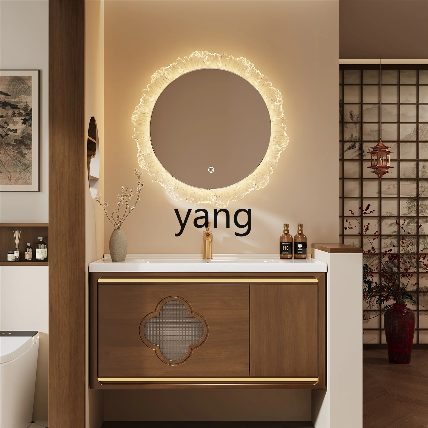 TGF خزانة حمام صينية جديدة حوض سيراميك متكامل حوض غسيل يدوي خزانة مرحاض من الخشب الصلب #5