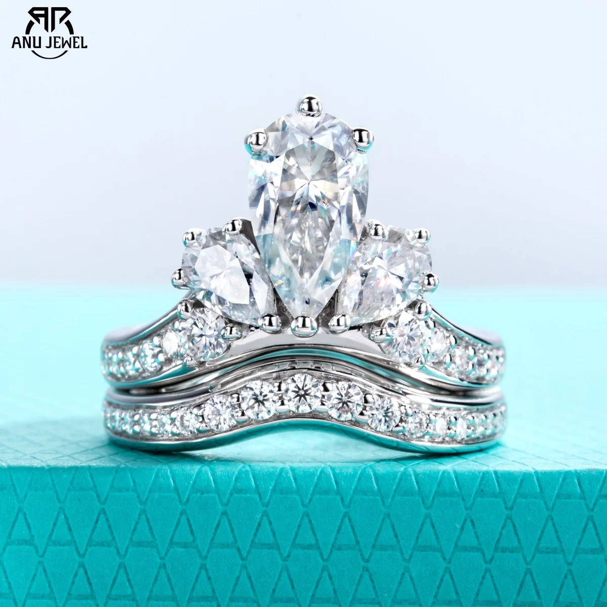 

AnuJewel 2ct Pear(Total 3.782ct) Moissanite Bridal Ring Set 925 Sterling Silver Wedding Crown Band Rings Jewelry Gifts for Women