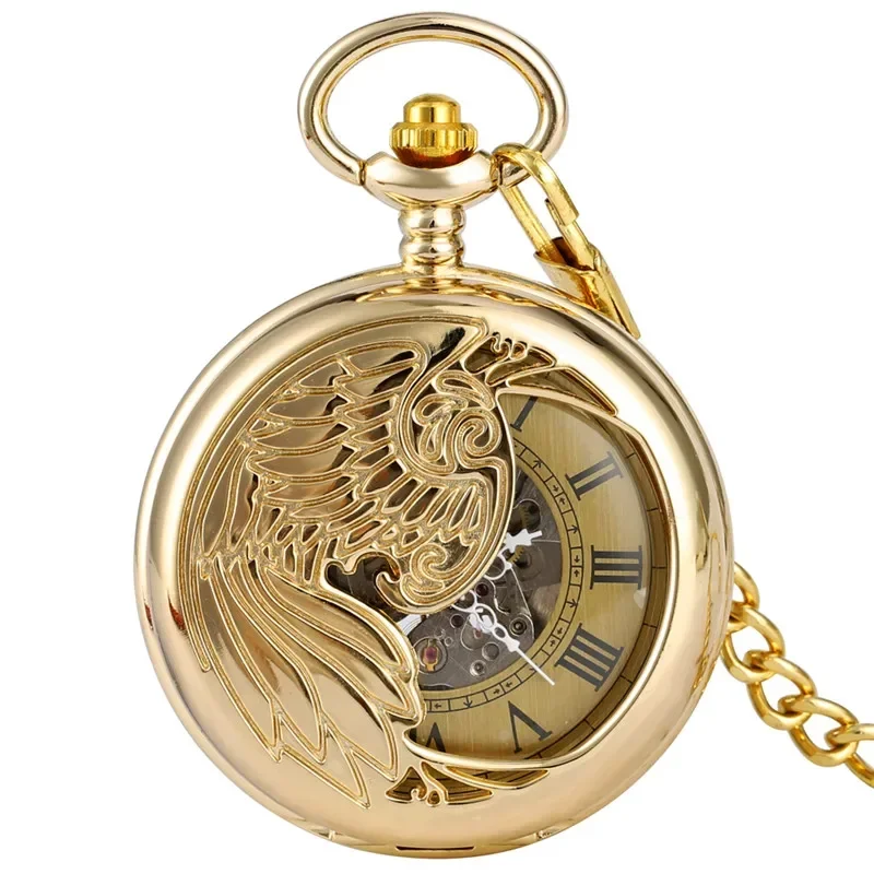 Luxury Golden Phoenix Pocket Watch Unisex Automatic Mechanical Watches Fob Pendant Chain Yellow Gold Roman Number Timepiece Gift