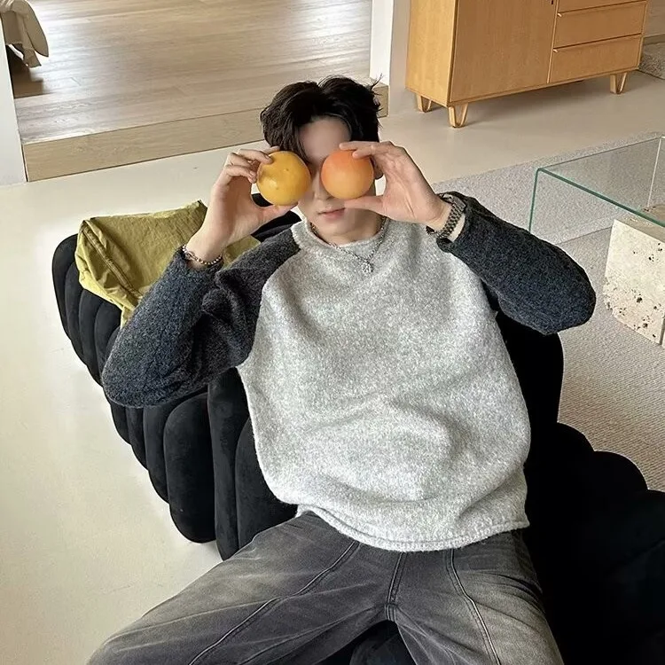 

plus Size Men's Knitted Sweater Autumn Winter Loose Fit Color Blo Casual Sle Polyester Fiber Long Sve Thermal Top