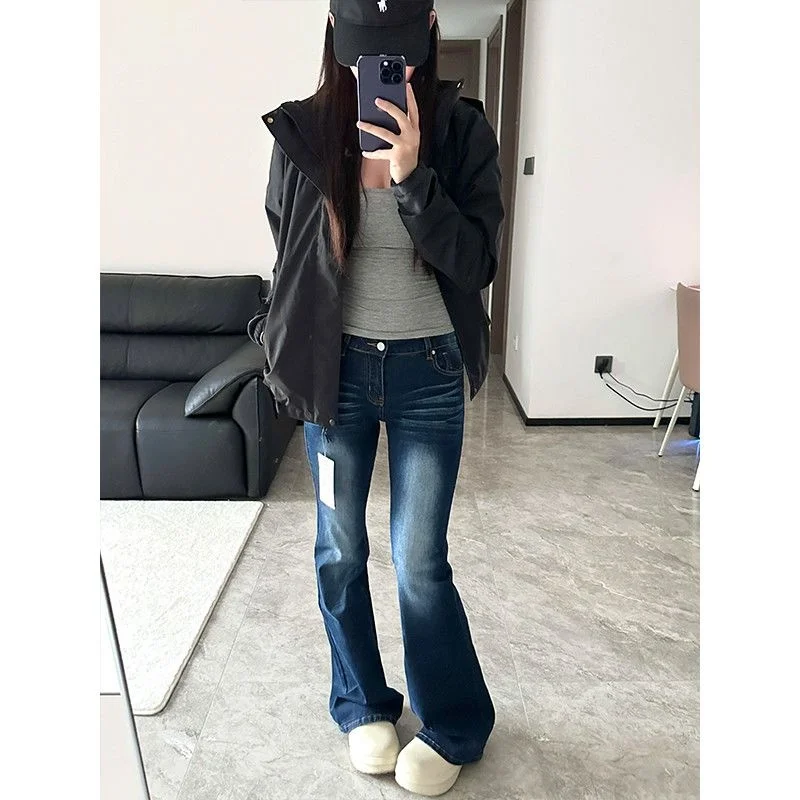 

Джинсы Bootcut, хлопковые женские синие расклешенные брюки, неэластичные угловые брюки с цветными блоками, украшенные полностью микро-крично, нейтральные брюки