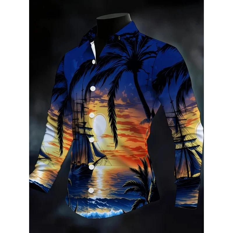 New men's fashionable luxury long sleeved shirt with high-definition 3D printed shirt and sunset pattern top
