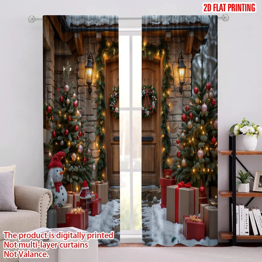 

2pcs 2D flat printing Christmas Scene Curtain Colorful snowmen candy bars Machine Washable Polyester Without Electricity Family